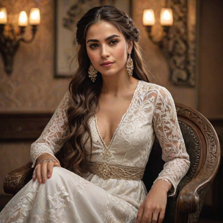 Create a portrait of a refined and elegant Kurdish woman seated in a sophisticated setting. She has long, wavy hair styled in two thick braids that are pulled over her shoulders. She wears a white, lace gown with intricate patterns, featuring a deep V-neckline and short sleeves. The dress exudes a vintage charm with its delicate lacework. She is adorned with ornate, dangling earrings that add a touch of glamour to her appearance. The background is softly lit, with warm, ambient lighting that creates a cozy and inviting atmosphere. Her expression is poised and serene, capturing a sense of grace and elegance.