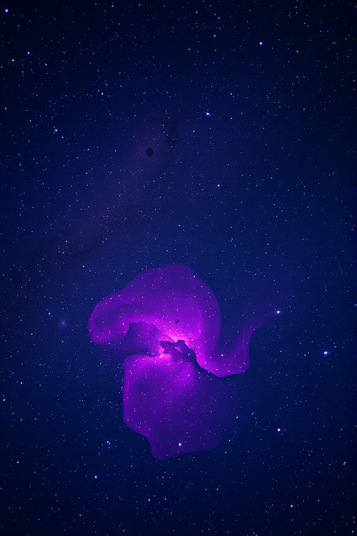 Generate a high-resolution image of a cosmic scene with a dark starry sky filled with vivid purple nebulae and twinkling stars, taken with a DSLR camera at f/2.8 aperture, ISO 800, 30 seconds exposure, wide-angle lens, and a long exposure shooting style.