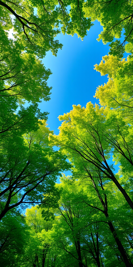 a vibrant forest canopy with lush green leaves framing a clear blue sky, taken with a wide-angle lens, f/8 aperture, ISO 200, 1/250 sec exposure, DSLR camera, natural lighting, capturing the serene beauty of nature from a low angle perspective