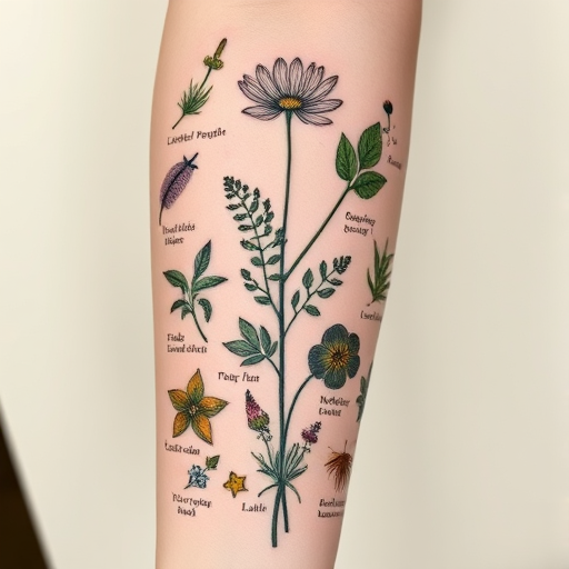 Botanical tattoo named "Herbalist's Grimoire" featuring scientifically accurate illustrations of medicinal plants and herbs, complete with their Latin names and properties, rendered in a vintage engraving style with subtle color washes, suitable for forearm, thigh, or back placement