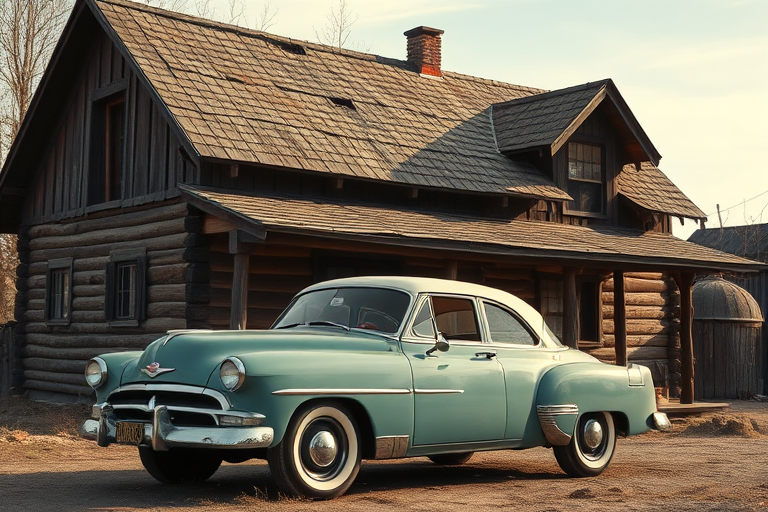 A vintage car parked in front of a rustic, weathered wooden house with a unique roof design, captured in high resolution using a DSLR camera with a 50mm lens, aperture f/1.8, ISO 200, natural lighting, and a wide-angle view for depth.