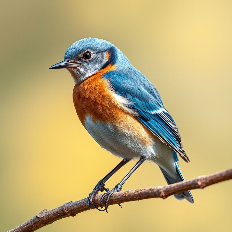 Create a highly detailed illustration of a bluebird perched on a branch, using a macro lens with an aperture of f/2.8, ISO 100, shot in natural lighting from a side view, with vibrant colors and sharp focus to enhance image quality.