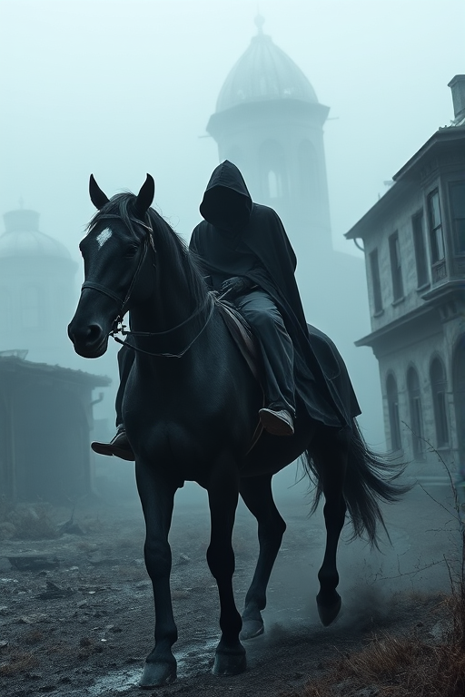 Create a dark fantasy scene of a ghostly figure in a hooded cloak riding a spectral horse through a foggy, eerie landscape with dilapidated buildings, using a full-frame DSLR camera with a 24mm lens, aperture set to f/2.8, shutter speed of 1/125s, ISO 400, in low-angle perspective to enhance depth and drama.