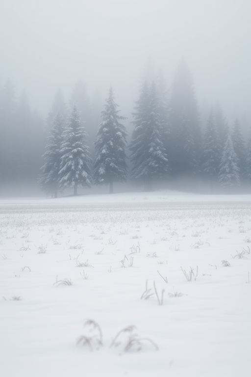 winter landscape with a snow-covered field and a misty background of pine trees, soft natural lighting, aperture f/8, shutter speed 1/200 sec, ISO 100, shot from a low angle using a DSLR camera for enhanced clarity and detail
