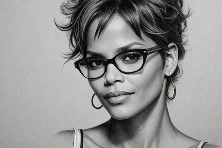 Elegant Halle Berry, pencil sketch, portrait of Ravishing woman 1923s in glasses, hair style beatnik, outline, clear lines, fine lines, 8k