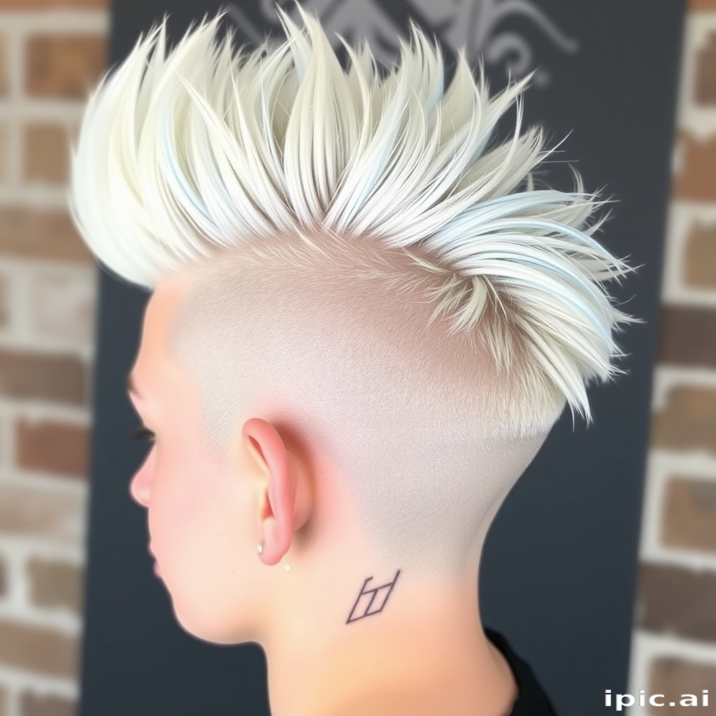 Striking platinum blonde undercut known as "Arctic Rebel" with intricate geometric patterns shaved into the sides, topped with a voluminous quiff and icy blue streaks