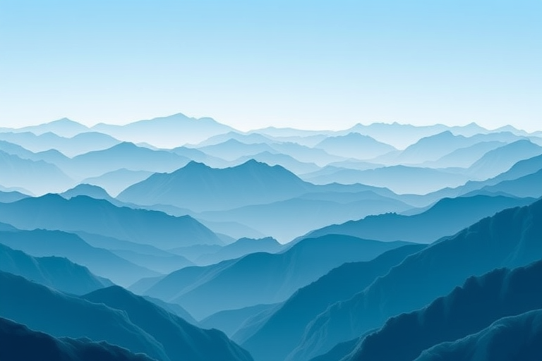 Generate a high-resolution digital illustration of layered mountains in various shades of blue, with a panoramic view, using a DSLR camera with a 50mm lens, aperture f/8, ISO 100, and a soft lighting setup to enhance depth and contrast.