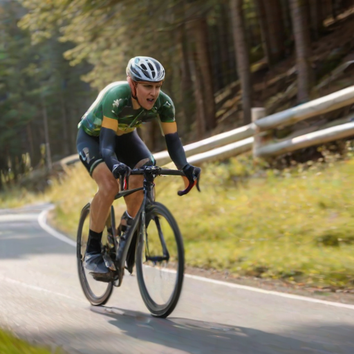 Blurry action shot of a cyclist racing down a winding mountain road, intense focus on their face, sunlight reflecting off their helmet, distant mountains stretching into the horizon, soft breeze rustling the trees as they speed by.