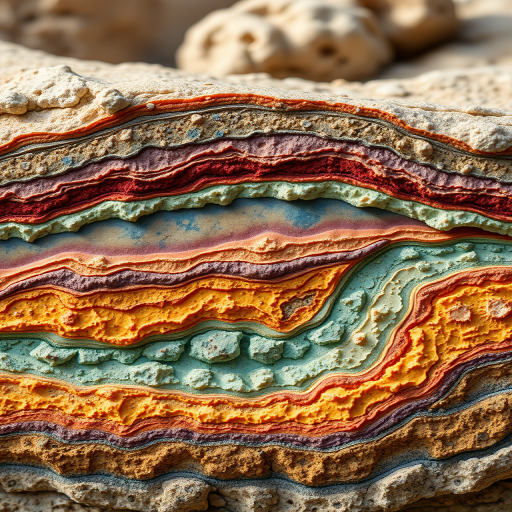 Create a detailed illustration of a cross-section of a vibrant geological formation with layers of different textures and colors, showcasing minerals and structures, using a DSLR camera with a 50mm lens, aperture f/8, ISO 100, and soft natural lighting to enhance clarity and depth.