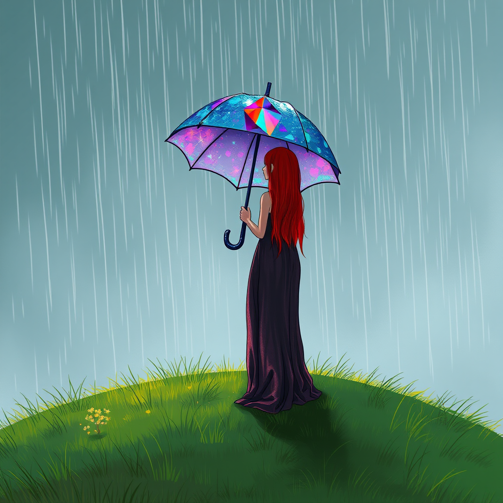 A surreal hand-drawn digital artwork depicting a mysterious red-haired woman standing on a grassy hill under the rain. She holds an umbrella crafted from iridescent zircon, its vibrant sheen contrasting with the soft, rainy atmosphere. The scene feels dreamlike, blending the natural elements of the hill and rain with the otherworldly shimmer of the umbrella.