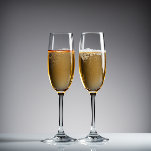Create an image of two champagne flutes clinking together with bubbles visibly rising in the glasses, shot with a Canon EOS R5 at f/1.8, 1/200 sec, ISO 100, in a studio setting with soft lighting to enhance reflection and clarity.
