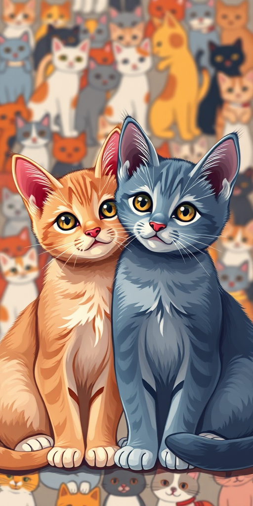 Create a high-quality digital illustration of two adorable cats, one blue and one orange, sitting closely together with expressive eyes, against a colorful background filled with various playful cats; use a Canon EOS R5 camera with a 50mm f/1.2 lens, set at ISO 100, aperture f/2.8, and shutter speed 1/200s for enhanced detail and depth of field.
