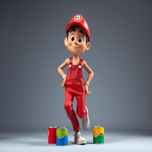 3D cartoon character of a painter in red overalls and a red hat, standing on one foot, with colorful paint cans in front, captured with a Canon EOS 5D Mark IV, 50mm lens, f/1.8, ISO 100, soft studio lighting, 3-point lighting setup.