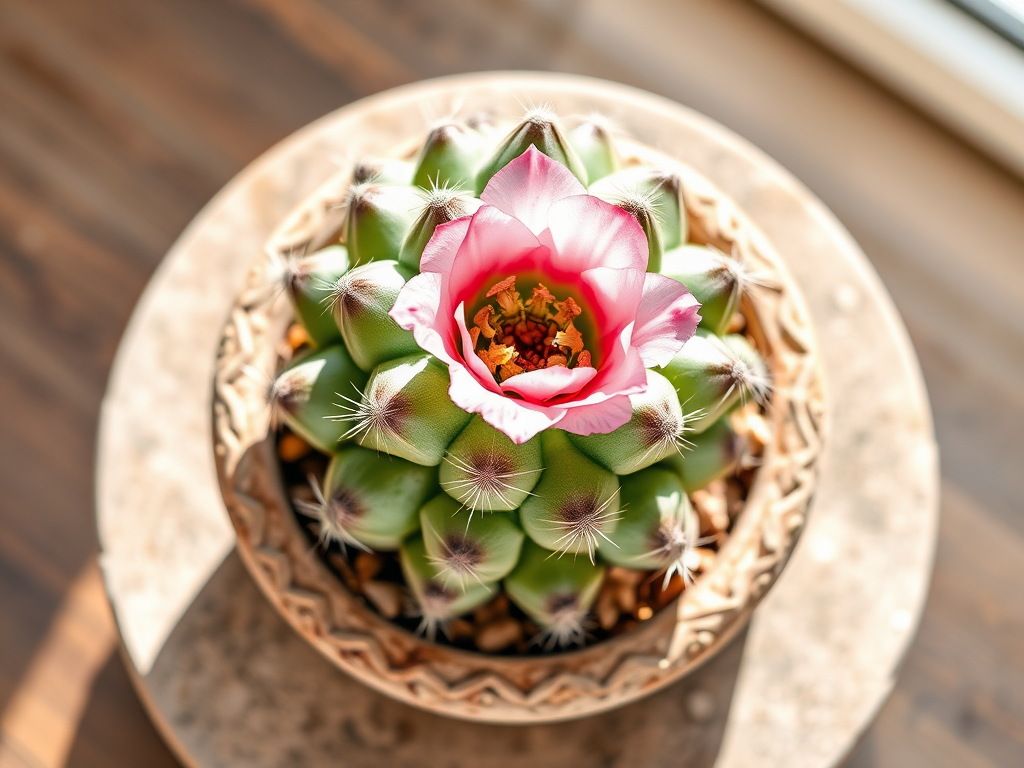 generate a highly detailed watercolor illustration of a prickly pear cactus in a textured pot with a soft pink flower blooming, bright natural light, f/4 aperture, 1/200 sec shutter speed, ISO 100, 50mm lens, top-down view, soft focus background, high-resolution digital art