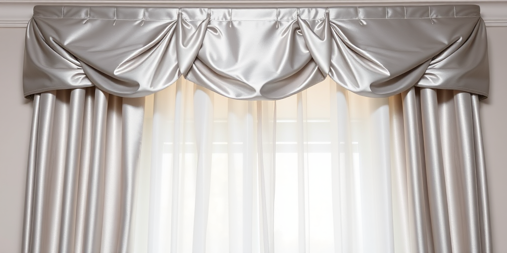 Create a high-resolution image of a silver satin curtain valance with soft lighting, captured from a frontal view, using a DSLR camera at f/4 aperture, 1/125 shutter speed, ISO 200, with a shallow depth of field for a smooth background blur.