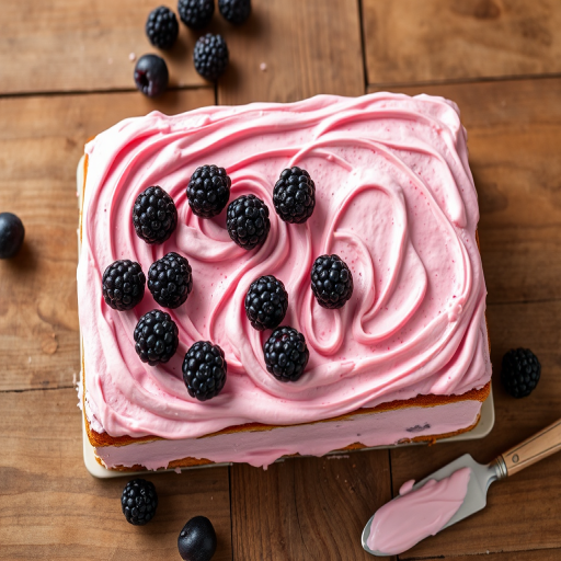Create an image of a rectangular cake topped with swirls of light and dark pink frosting mixed with blackberries on a wooden surface. Include some scattered blackberries and a small knife with frosting on it nearby. The cake should have an appealing and textured look with a rustic feel.