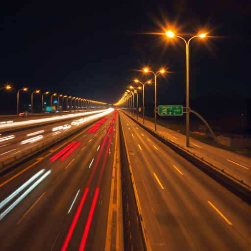 Long exposure shot of light trails on a busy highway at night, f/8, ISO 100, 15 seconds exposure, 24mm lens, DSLR camera, low angle view for depth and dynamic movement.