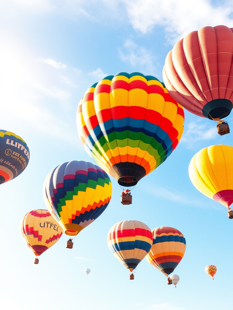 Generate an image of colorful hot air balloons floating in a bright sky with a watercolor effect, captured with a DSLR camera at f/8 aperture, ISO 100, 1/1000 sec shutter speed, wide-angle lens, and a soft-focus background for enhanced image quality.