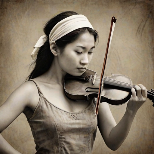 a young Kyrgyz woman with a white headband playing a violin, in the style of a charcoal drawing, sepia grunge background