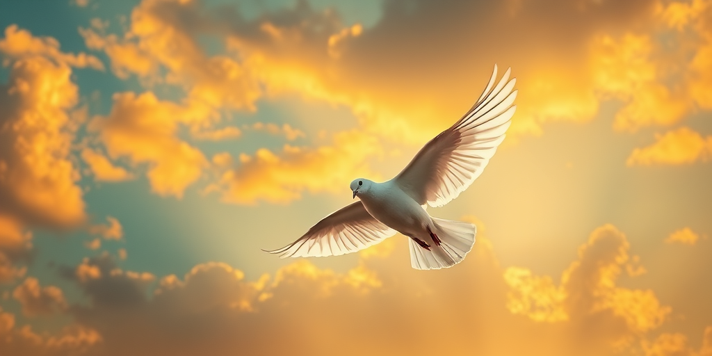 A white dove soaring against a vibrant sky, illuminated by golden rays of light, captured with a Canon EOS R5 at f/2.8, 1/2000 sec, ISO 100, from a low angle perspective with a soft focus background for a dreamy effect.