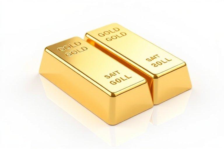 create a high-resolution 3D rendering of two gold bars placed slightly apart on a clean white background, using a DSLR camera with an aperture of f/8, a shutter speed of 1/125 sec, and a focal length of 50mm to capture sharp details and reflections, in a realistic style with soft lighting to enhance reflections on the gold surface