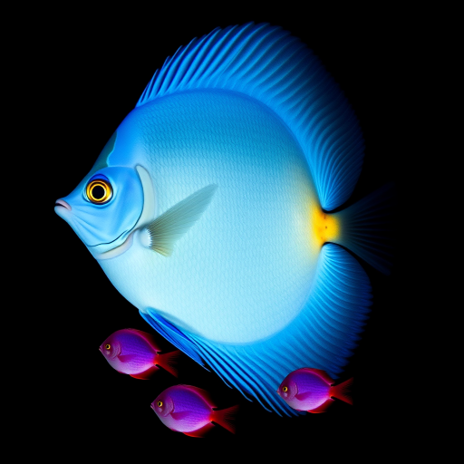 Create an image of a large blue fish with a simple design swimming alongside three smaller fish in shades of purple and maroon, using a Canon EOS 5D Mark IV camera, f/8 aperture, 50mm lens, and a top-down view to enhance visual clarity and detail against a black background.
