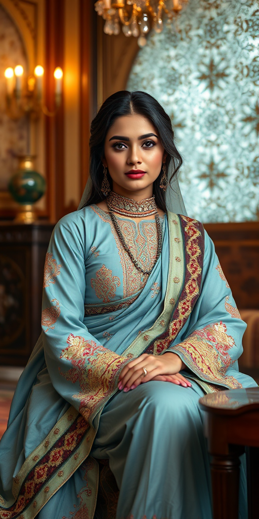 A beautiful Pakistani woman in traditional East Asian attire, intricately detailed with embroidered patterns, sitting gracefully in a richly decorated room, soft ambient lighting, serene and elegant, ultra-realistic, 8K resolution