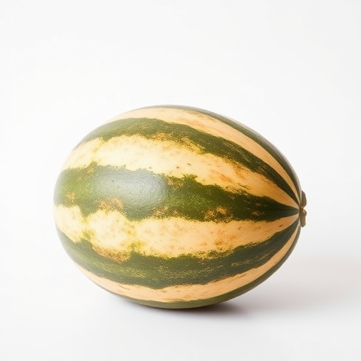 Create a high-resolution image of a watermelon on a white background, taken with a DSLR camera at f/2.8 aperture, ISO 200, and a 50mm lens in natural light, side view to enhance detail and color contrast.