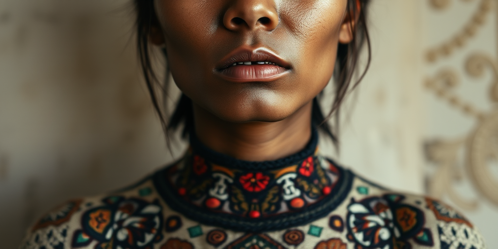 Face, shoulders, chest covered in openwork Inca embroidery. Raw, unedited image.