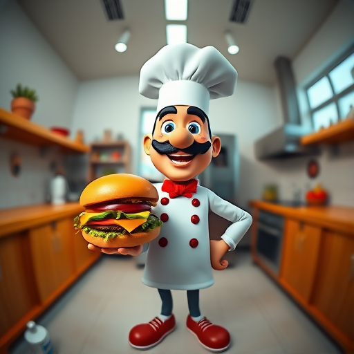 Create a vibrant 3D character of a cheerful chef with a burger, standing in a bright kitchen, captured with a DSLR camera at f/2.8 aperture, 50mm lens, ISO 100, natural lighting, with a slight fish-eye effect for added depth.
