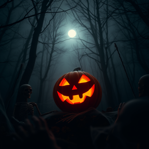 Haunting Halloween scene with a glowing jack-o'-lantern in a misty forest, skeletons wandering among cobwebs, full moon casting an eerie light, captured with a Canon EOS R5, 50mm lens, f/1.8, ISO 100, 1/50s shutter speed, low-angle view, soft-focus style, emphasizing depth and atmosphere.