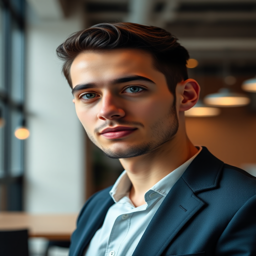 Portrait of a young professional man in a modern office setting; camera settings: ISO 100, aperture f/2.8, shutter speed 1/125s; camera view: 50mm lens at eye level; camera style: natural light with slight bokeh; camera type: DSLR.