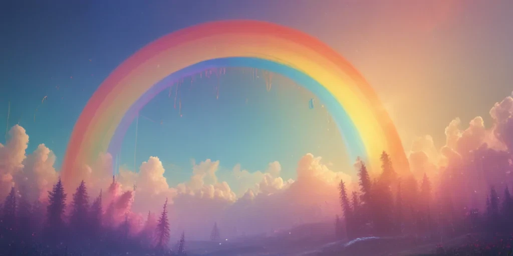 A Vibrant Rainbow Arching Over a Serene Landscape at Sunset.