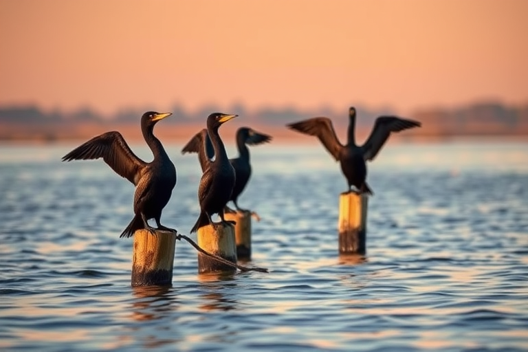 Capture an image of three cormorants drying their wings on wooden posts in a serene lake at sunrise, use a DSLR camera with a 200mm lens, aperture set to f/4 for shallow depth of field, ISO 100 for high clarity, and a shutter speed of 1/1000s to freeze motion.