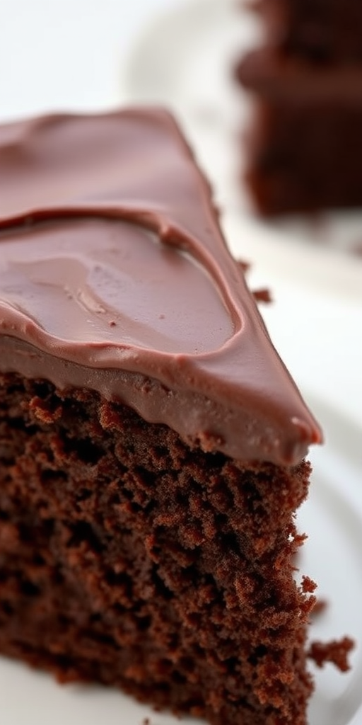 A close-up view of a slice of rich chocolate cake with a thick layer of glossy chocolate frosting on a white plate, showcasing the moist texture and deep brown color of the cake, with a soft background that highlights the dessert.