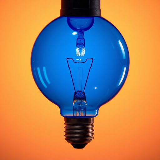 Generate a high-resolution image of a blue light bulb with a glossy finish, using a DSLR camera at f/2.8 aperture, ISO 100, 50mm lens, and a soft-focus background to enhance clarity and detail.