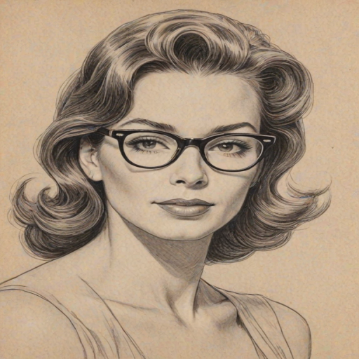 Pleasing Whitney Cummings, pencil sketch, portrait of Enticing woman 1950s in glasses, hair style beatnik, outline, clear lines, fine lines, 8k