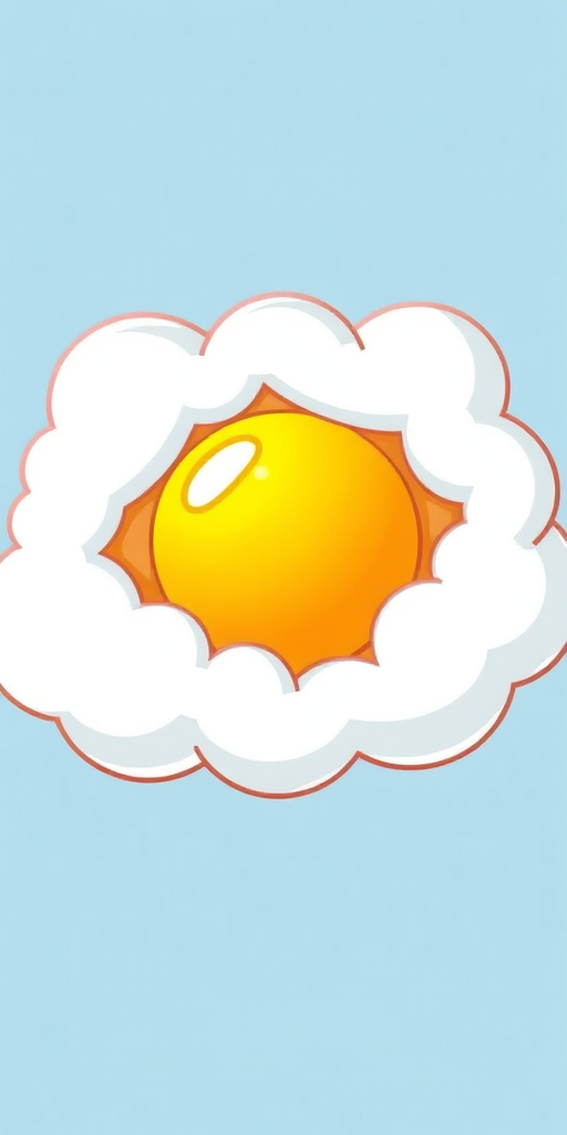 Create an image of a cartoon cloud with a sunny yellow egg yolk in the center, using a DSLR camera with a 50mm lens, f/1.8 aperture, ISO 100, and vibrant color settings for enhanced clarity.