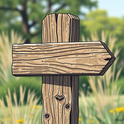 Create a detailed illustration of a wooden signpost with a weathered texture, using a Canon EOS R5 with a 50mm lens at f/8, ISO 100, in natural light, from a slightly elevated angle to capture depth and detail.