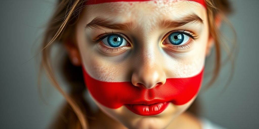 A portrait of a girl with her face painted in the colors of the Lebanese flag, focusing on her expressive blue eyes, soft natural lighting, captured with a 50mm f/1.8 lens at ISO 100, aperture f/2.8, shutter speed 1/125 sec, in a studio setting.
