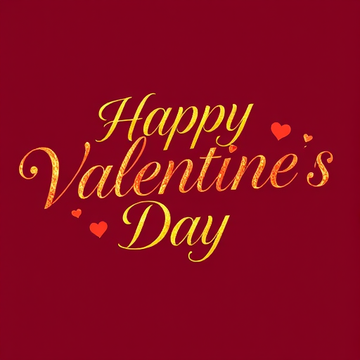 Create an elegant and romantic design featuring the phrase Happy Valentine's Day in a flowing, stylish script, with a red and gold color scheme, captured with a DSLR camera at f/1.8 aperture, 50mm lens, shot from a slightly above angle, using natural light to enhance the texture and warmth of the letters.