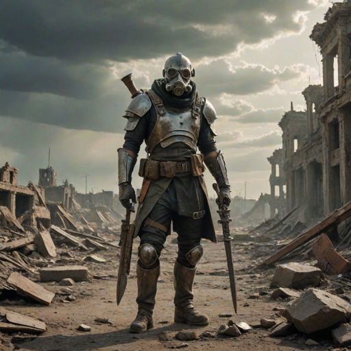 A post-apocalyptic wasteland with a lone figure, The Last Warden, standing in the foreground. He wears a skull-like gas mask, with cracked lenses, and a rugged mix of leather and scavenged armor. His attire is weathered and patched, showing signs of long battles and harsh environments. In one hand, he holds a sword made from broken steel, and in the other, a shield made from scrap metal. The background features a desolate landscape with crumbling ruins of a once-thriving city, shrouded in toxic green and orange haze. The ground is cracked, with dead vegetation and twisted remnants of civilization. The sky is ominous, with dark clouds and faint rays of sunlight breaking through, symbolizing a glimmer of hope in the midst of despair. Increase the brightness of the background, making the sunlight more prominent and casting more light on the ruins and the figure to enhance the sense of hope in the scene.