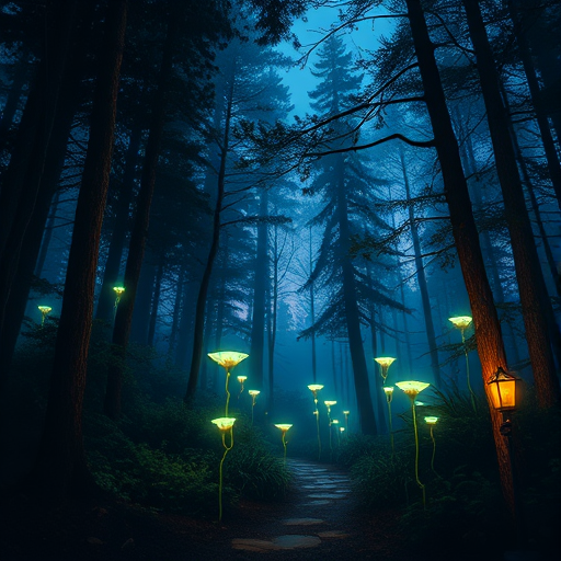 Generate an image of a detailed illustration of a mysterious forest at twilight with ethereal glowing plants, using a DSLR camera type, 35mm lens, f/2.8 aperture, ISO 800, shot from a low angle to capture depth, and soft natural lighting to enhance the magical atmosphere.