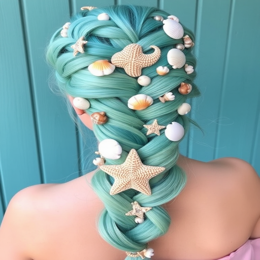 Turquoise to seafoam green mermaid braid adorned with seashells and starfish accessories, known as "Siren's Song" hair, featuring an intricate woven pattern