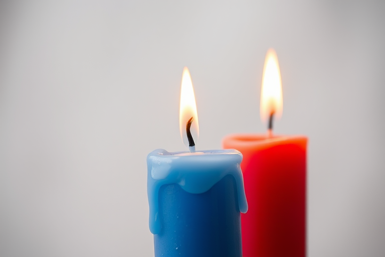 Generate an image of two melting candles, one blue and one red, with a soft-focus background, using a DSLR camera, 50mm lens, f/1.8 aperture, 1/200 sec shutter speed, and ISO 100 to enhance detail and color vibrancy.