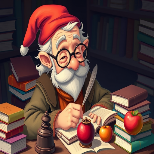 a whimsical old scholar with glasses and a red cap writing with a quill, surrounded by stacks of colorful books, an inkwell, and an apple, vibrant colors, high detail, DSLR camera, f/2.8 aperture, 50mm lens, soft natural lighting, top-down view, illustration style