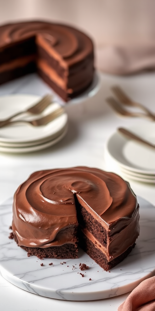 A rich chocolate cake with smooth chocolate frosting on a marble platter, a slice cut out revealing the moist interior, surrounded by elegant plates and a blurred background of soft, neutral tones.