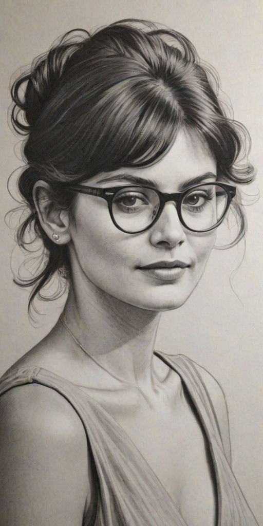 Stunning Audrey Tautou, pencil sketch, portrait of Pleasing woman 1933s in glasses, hair style beatnik, outline, clear lines, fine lines, 8k