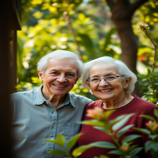 portrait of a smiling elderly couple in a lush garden, soft natural lighting, shallow depth of field, 50mm lens, f/1.8, ISO 200, warm tones, captured with a DSLR camera, focus on their faces