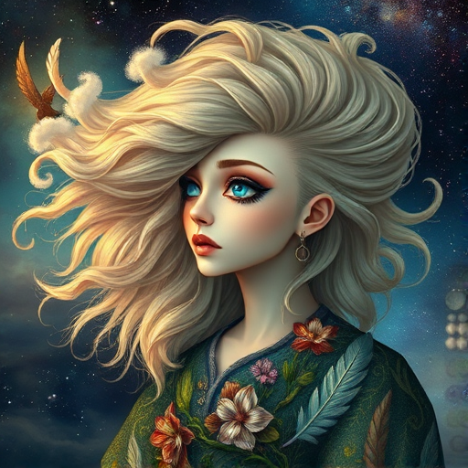 Create a series of imaginative portraits where each subject is infused with elements of fantasy and nature. The hair of the individuals should flow like clouds, varying from soft, fluffy cumulus to wispy cirrus strands, with hints of color reflecting a sunset or a clear blue sky. The eyes should be windows to entire galaxies, with stars, nebulae, and distant planets visible within them. Clothing should be adorned with nature motifs, such as floral patterns that bloom and change, vines that seem to grow and wrap around, or feathers that shimmer with iridescence. Each portrait should capture a unique personality, blending human features with the ethereal beauty of the natural and cosmic world. The backgrounds can vary, from starry night skies to enchanted forests, adding depth and context to the magical realism of the portraits